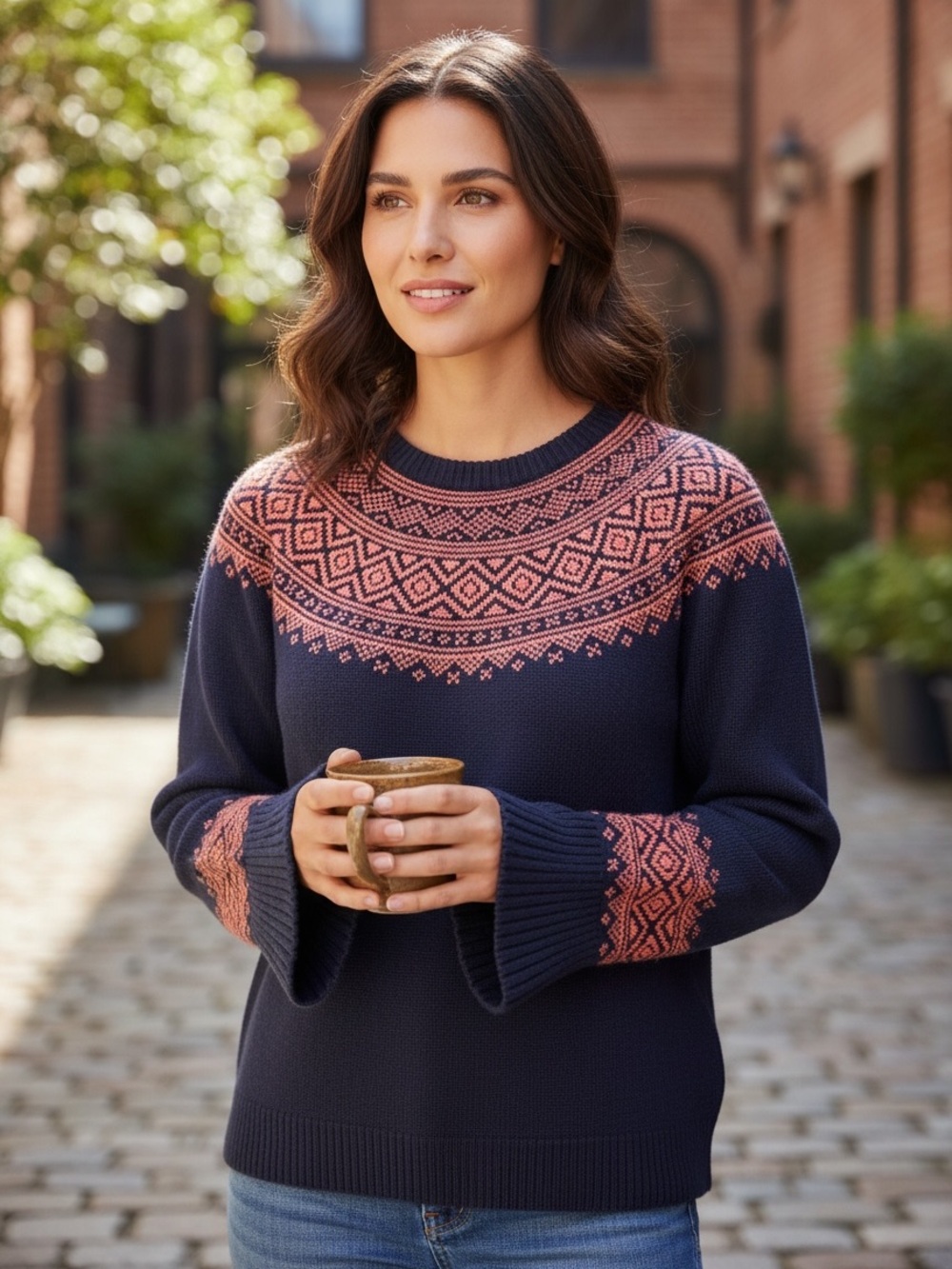J. Crew Navy & Orange Crewneck Fair Isle Yoke Wool Blend Sweater, Women’s Large